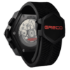 High end chronograph swiss watch GRECO-Genève, Titanium Grade 5 case and black DLC finish, carbon fiber dial, fluorescent, back view