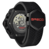 High end chronograph swiss watch GRECO-Genève, Titanium Grade 5 case and Black DLC “Clous de Paris” polished finish, carbon fiber dial, fluorescent, back view