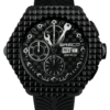 Swiss chronograph luxury watch GRECO-Genève, Titanium Grade 5 case and Black DLC “Clous de Paris” polished finish, carbon fiber dial, fluorescent, front view