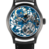 Skeleton swiss luxury watch GRECO-Genève with rhodium blue finish dial, front view
