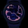 Montre suisse squelette haut de gamme GRECO-Genève pour homme ou pour femme, avec gravure fluorescente, vue du fond sous lumière ultraviolette