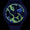 Montre squelette suisse moderne GRECO-Genève, avec gravure fluorescente, vue de face sous lumière ultraviolette