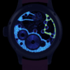 Montre suisse squelette haut de gamme GRECO-Genève pour homme ou pour femme, avec gravure fluorescente, vue du fond sous lumière ultraviolette