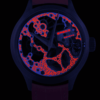 Montre squelette suisse moderne GRECO-Genève, avec gravure fluorescente, vue de face sous lumière ultraviolette
