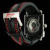 Montre suisse personnalisable homme carrée originale GRECO-Genève, aérographe rouge fluorescent, cadran anthracite plaqué ruthénium, boîtier circulaire satiné, acier inoxydable poli, vue du fond