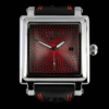 Montre suisse personnalisable homme carrée de luxe GRECO-Genève, aérographe rouge fluorescent, cadran anthracite plaqué ruthénium, boîtier circulaire satiné, acier inoxydable poli, vue de face