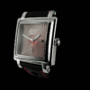 Montre homme suisse carrée personnalisable GRECO-Genève, aérographe rouge fluorescent, cadran anthracite plaqué ruthénium, boîtier circulaire satiné, acier inoxydable poli, vue de côté