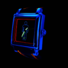 Montre homme suisse personnalisable GRECO-Genève, symbole de pictogramme homme fluorescent, cadran anthracite plaqué ruthénium, boîtier circulaire satiné, acier inoxydable poli, vue de côté sous lumière ultraviolette